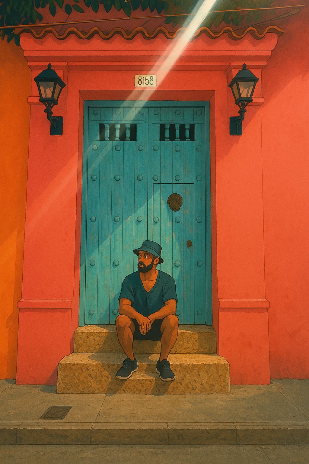 Retrato do artista sentado na soleira de uma porta